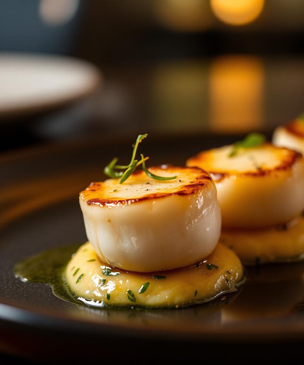 Seared scallops on sweetcorn purée
